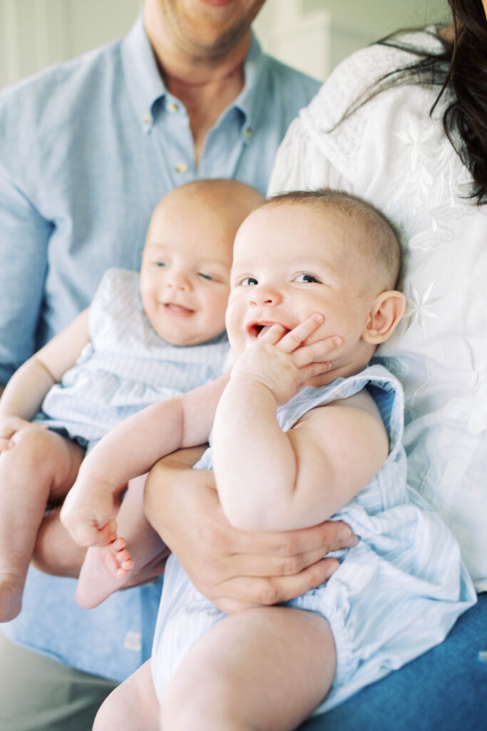 twin boys in kitchen with mom